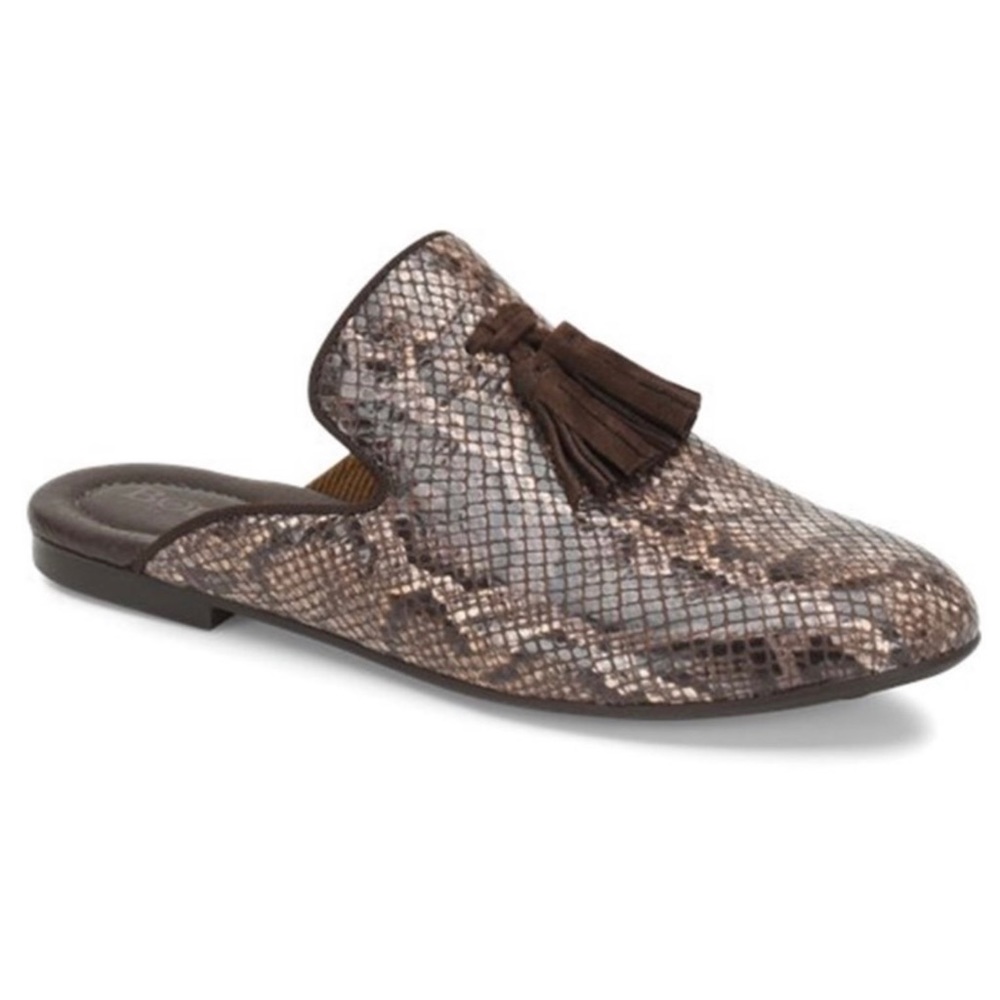 Born Corrin Women’s Slip On Tassel Mule Shoe Sz 7 Comfort Snake Print Brown